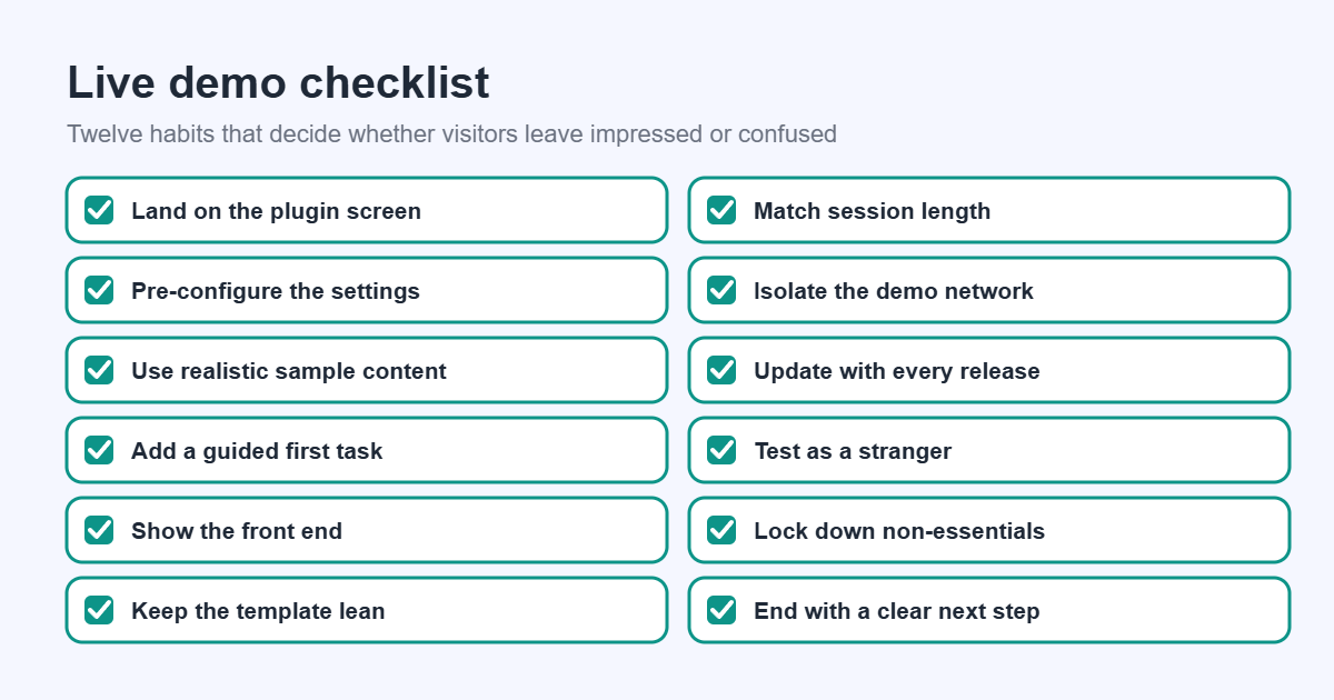 Checklist of twelve best practices for live WordPress plugin demos