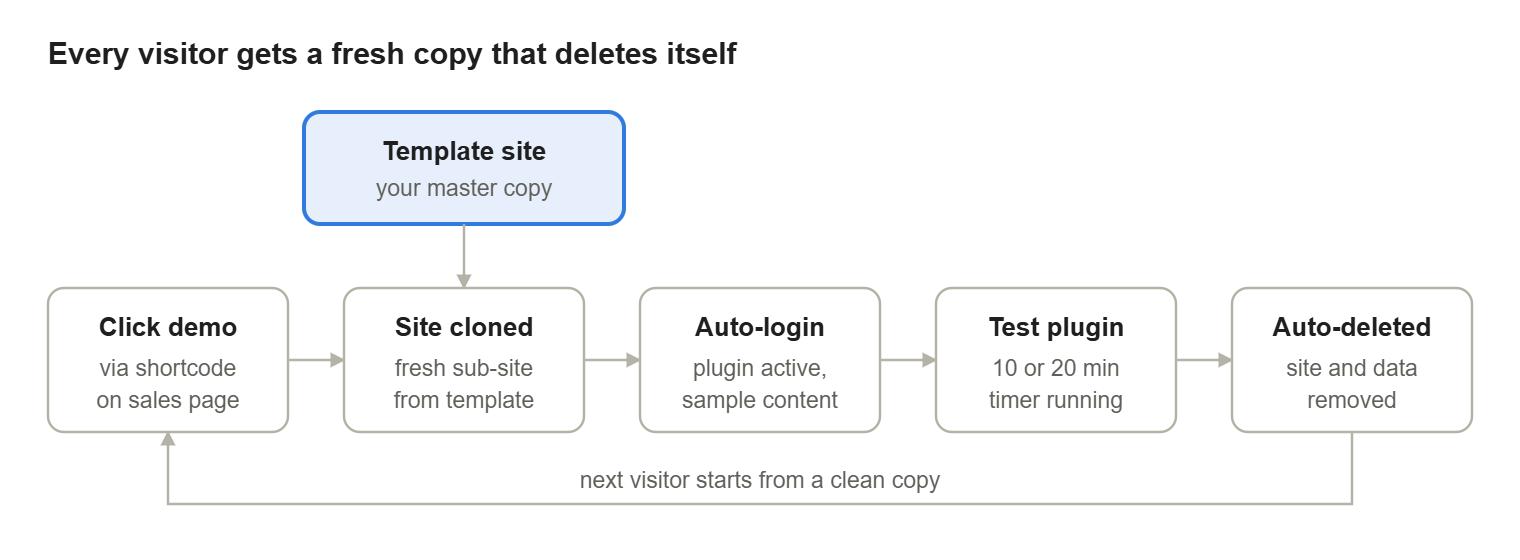 Workflow diagram of a WordPress sandbox demo from visitor click to auto-deletion