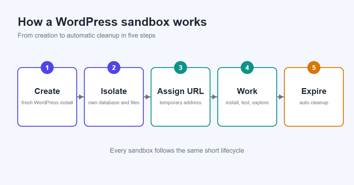 Five steps of how a WordPress sandbox works: create, isolate, assign a temporary URL, test, and automatic cleanup