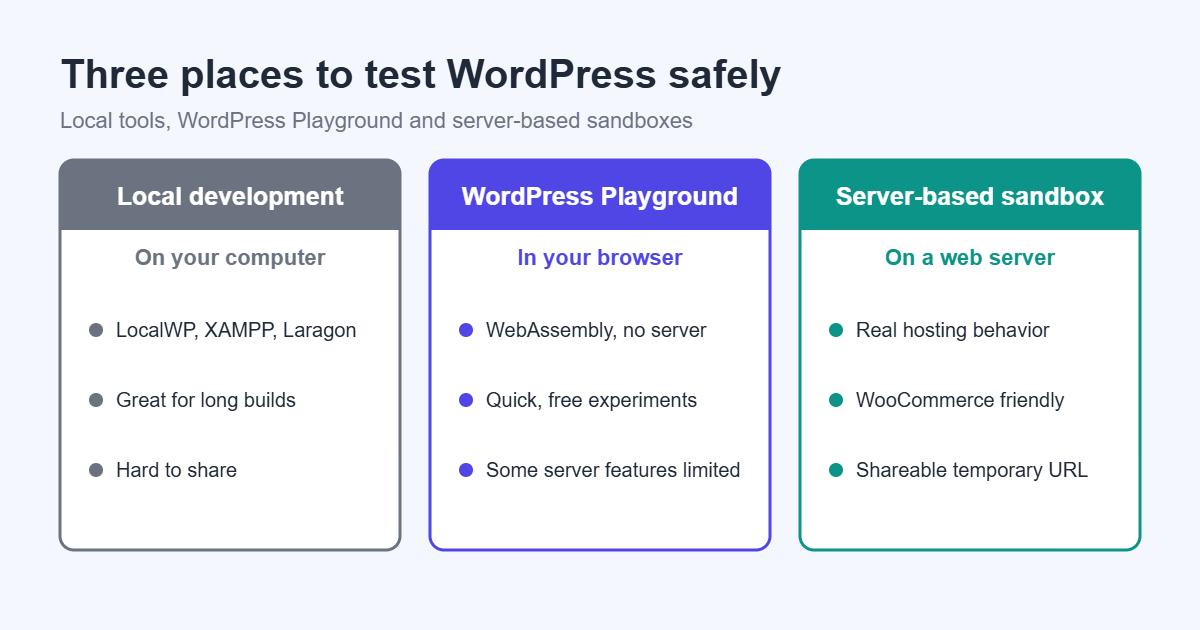 Local development, WordPress Playground and server-based sandbox compared as WordPress testing environments